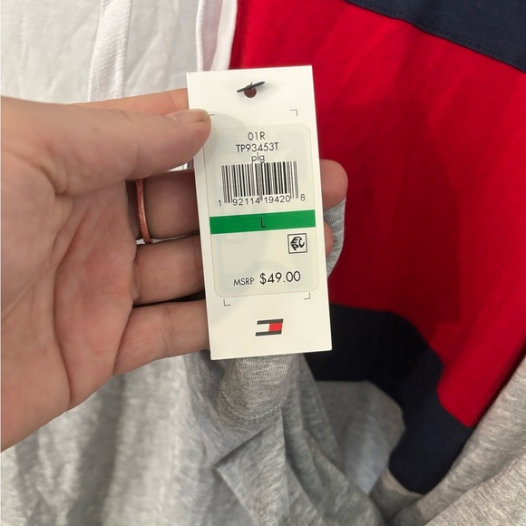 Tommy Hilfiger Men's Gray Shirt Hoodie with Red and White Stripes - Picture 2 of 4